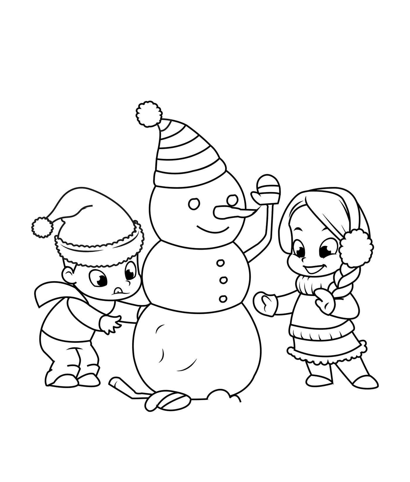 coloriage les enfants construisent un bonhomme de neige
