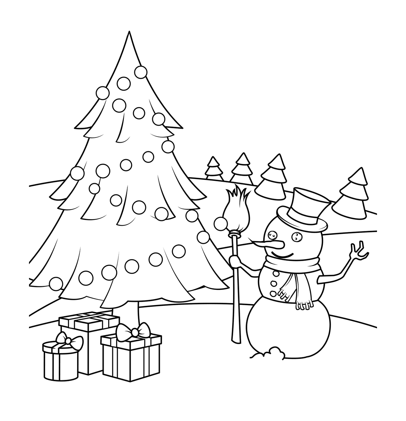 coloriage bonhomme de neige avec un sapin et des cadeaux de noel