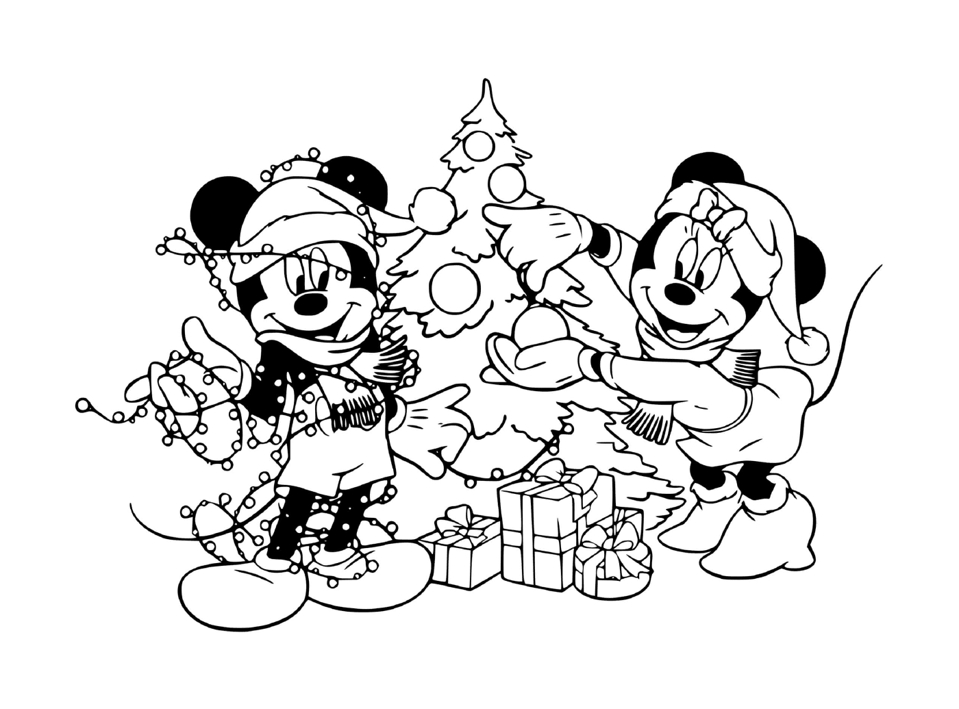coloriage Mickey Minnie decorating tree