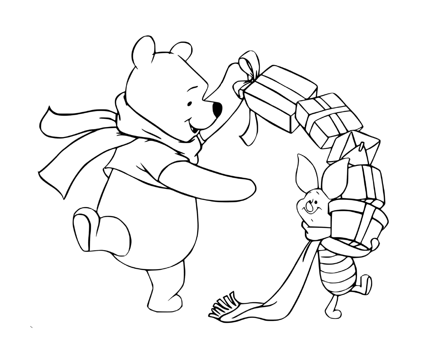 coloriage Pooh Piglet with presents