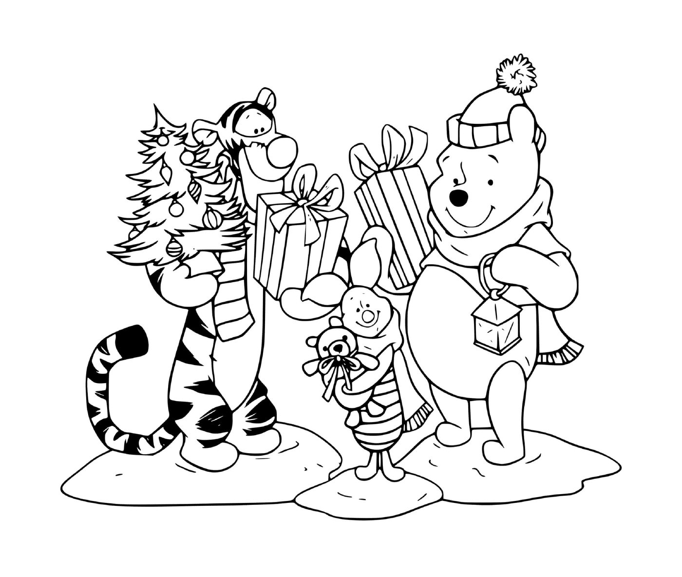 coloriage Pooh Tigger Piglet with presents