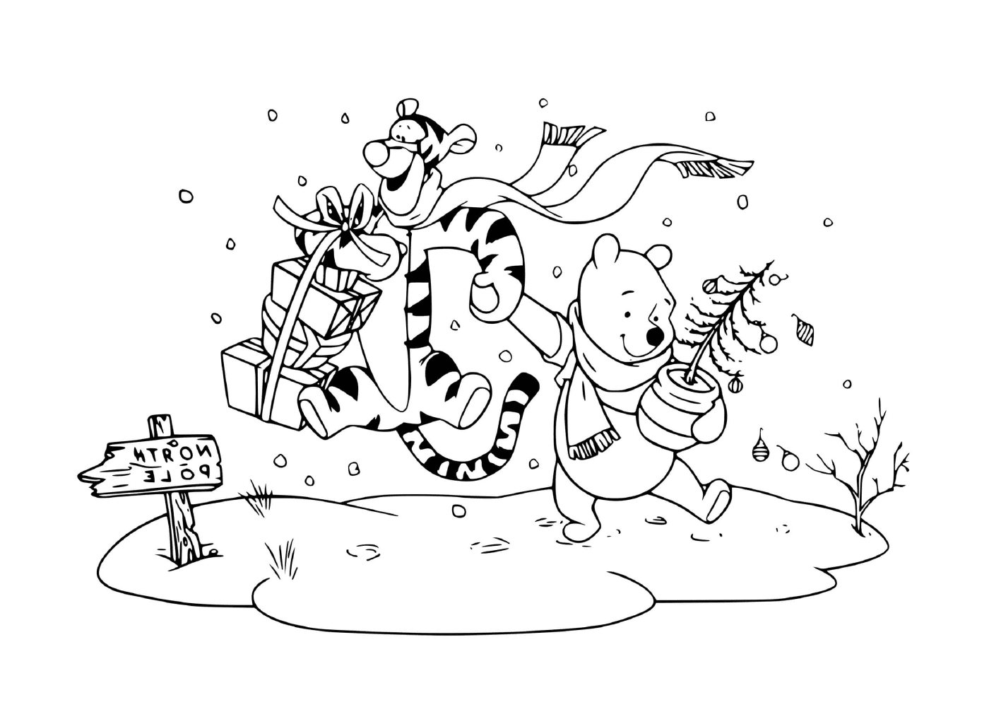 coloriage Pooh Tigger off to the north pole