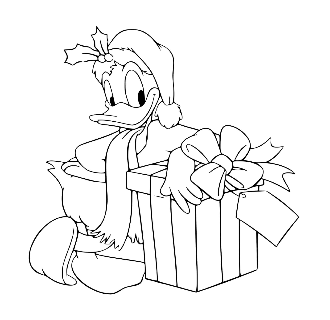 coloriage Donald leaning against present
