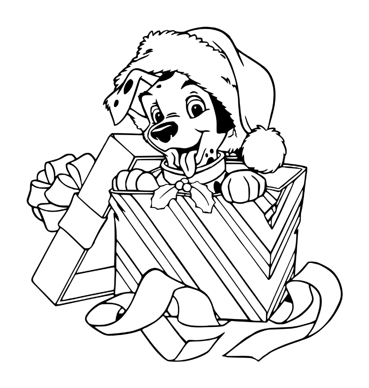 coloriage Puppy wearing Santa hat in gift box