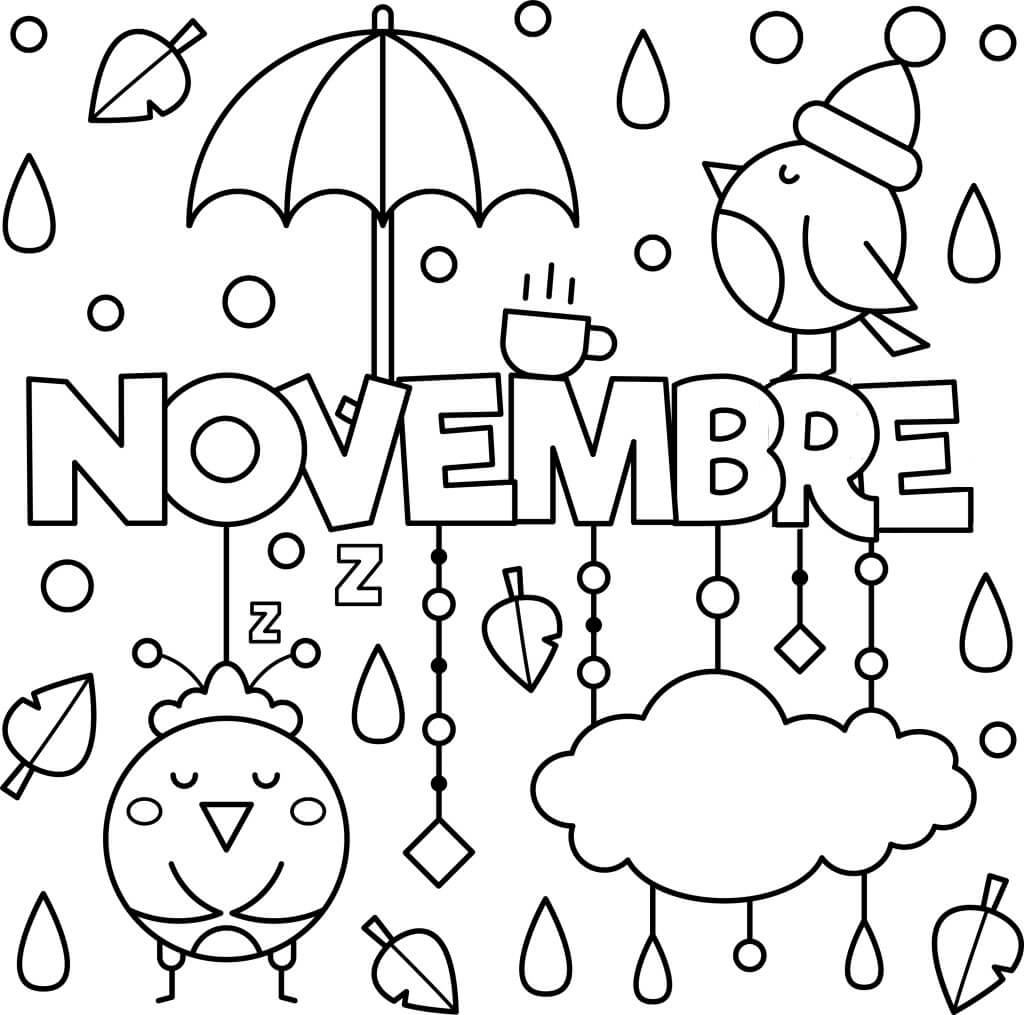 coloriage novembre oiseau pluie parapluies