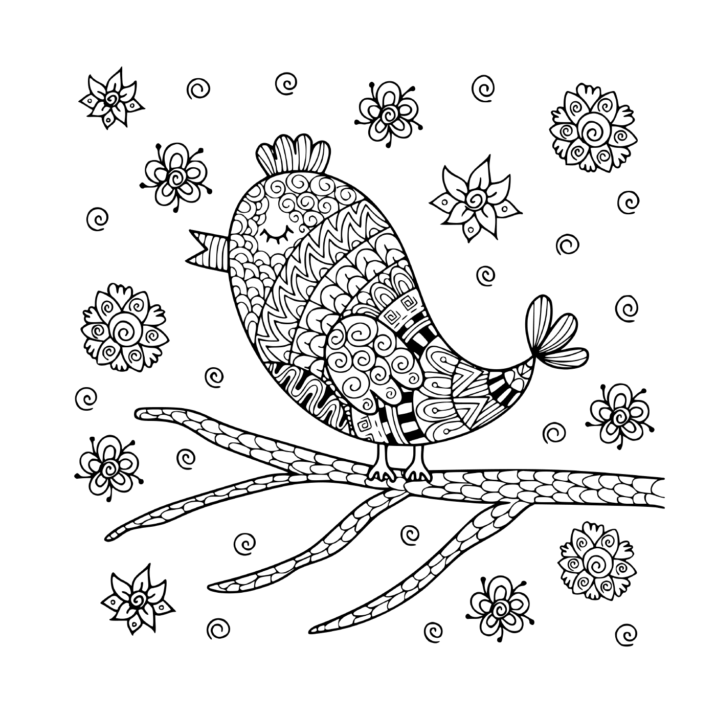 coloriage oiseau mandala mignon de zentangle se reposant sur la branche
