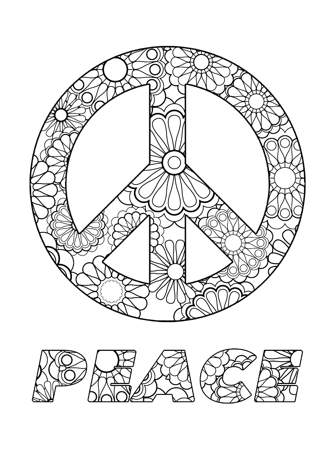 coloriage sumbole de paix peace en anglais motif fleurs