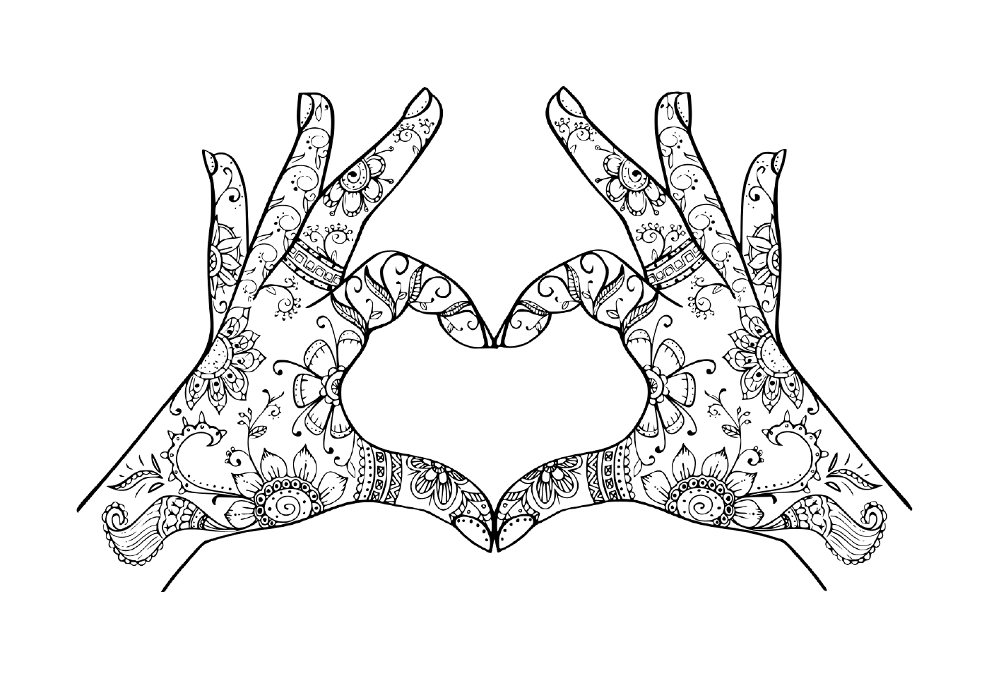 coloriage mains en forme de coeur adulte zentangle