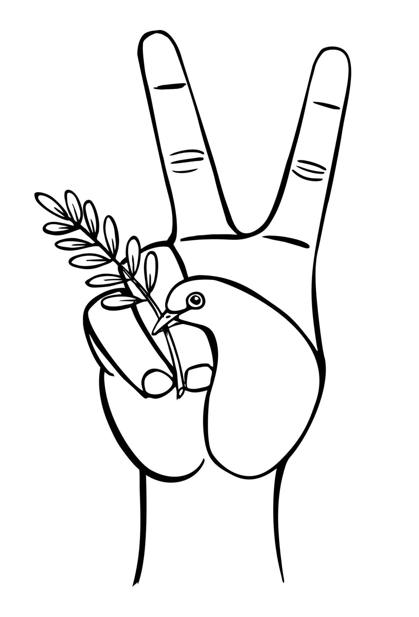 coloriage symbole paix V avec la main oiseau blanc et branche olive
