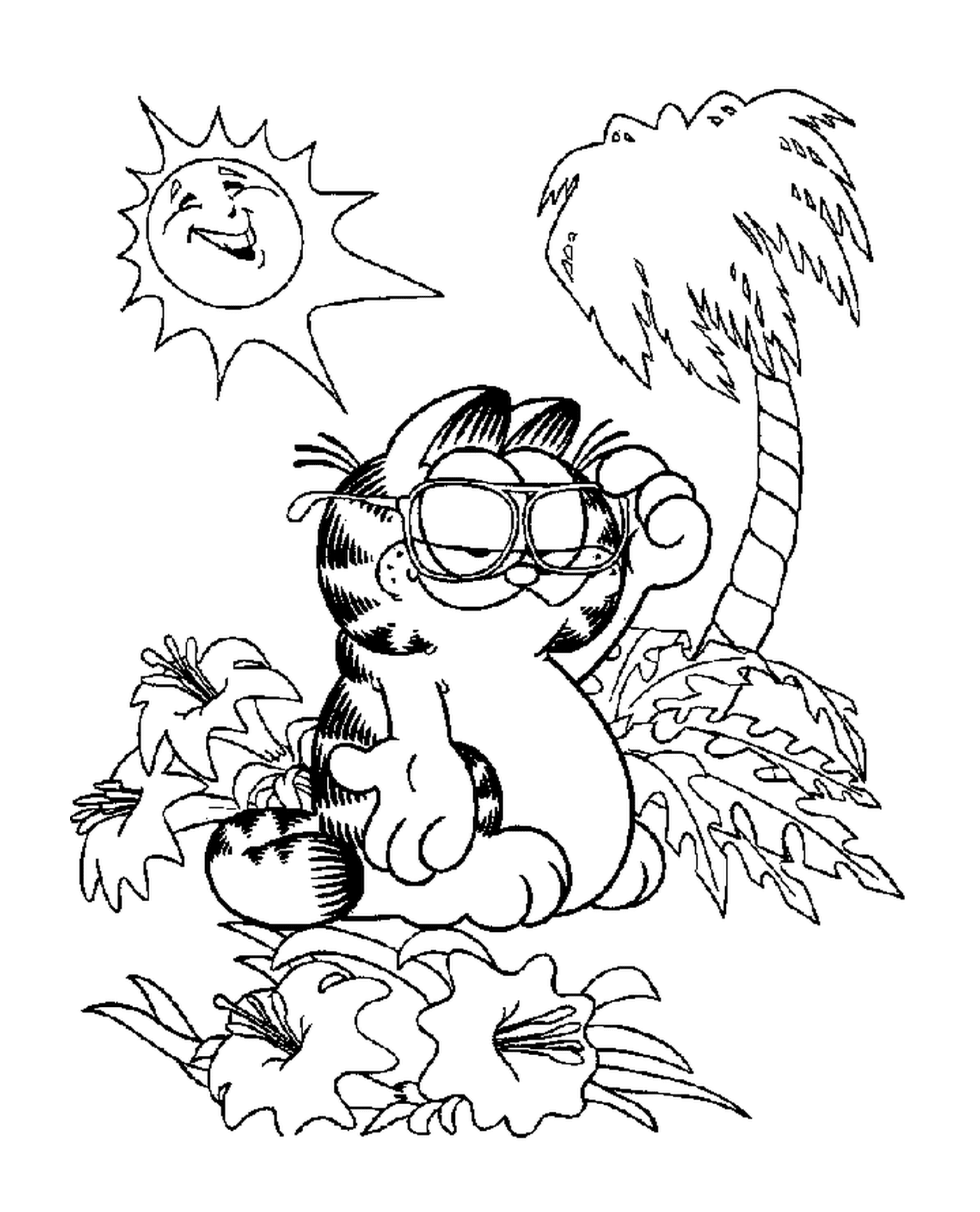 coloriage Garfield sous un palmier avec le soleil