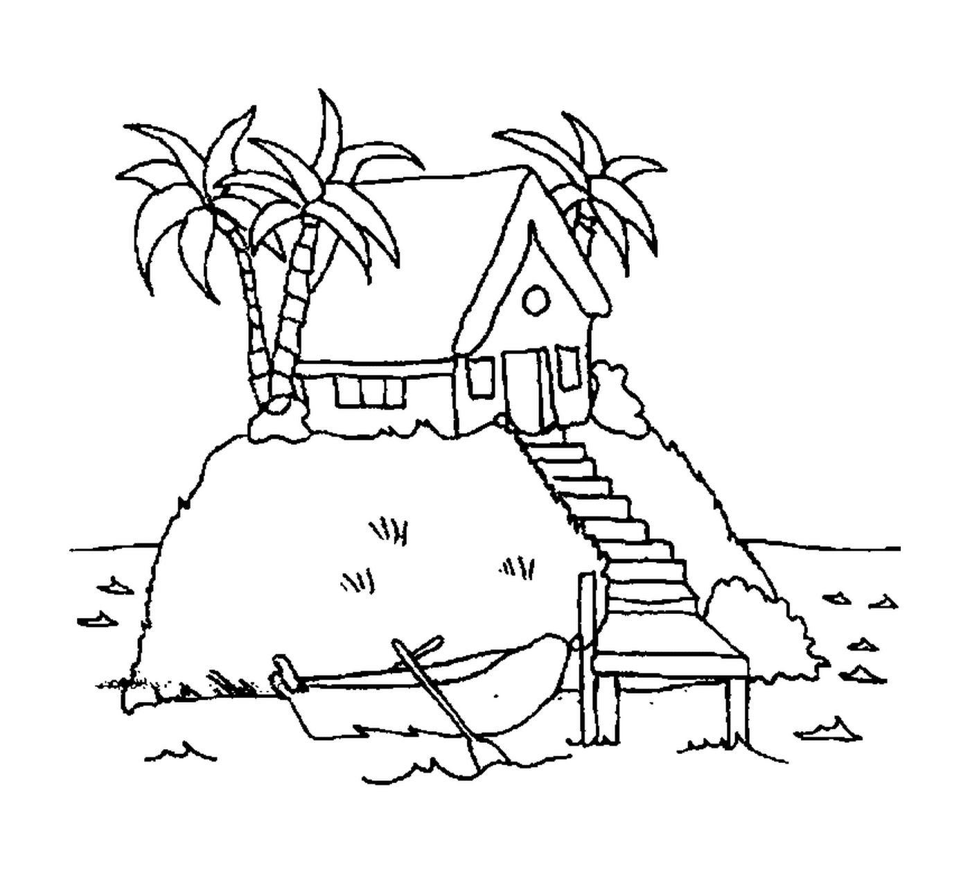 coloriage palmier maison pres de la plage