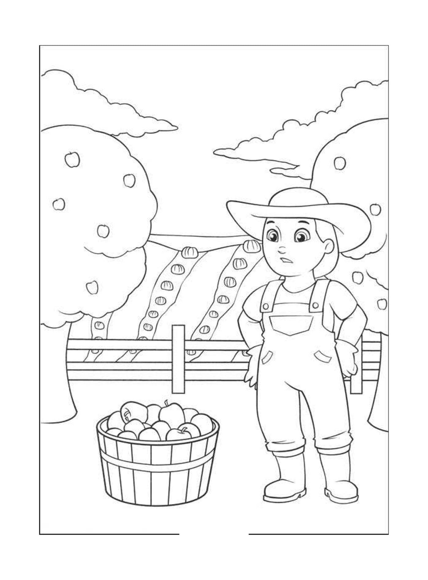 coloriage La fermiere Yumi recolte des pommes