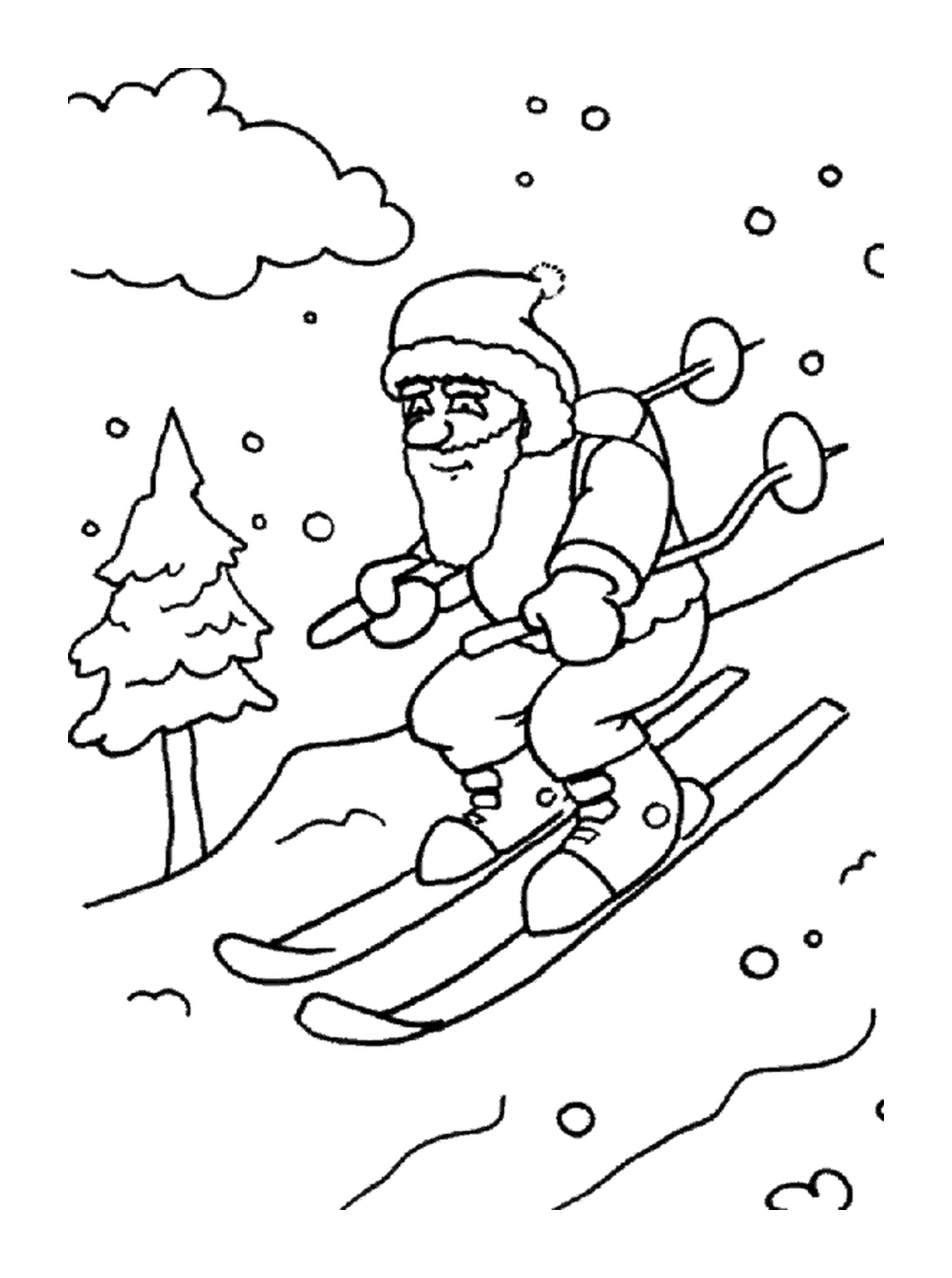 coloriage dessin du pere noel sur des skis