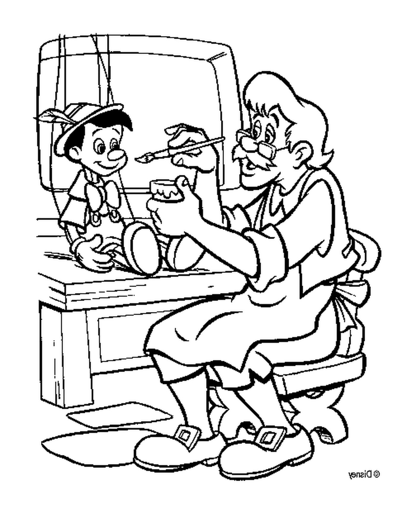 coloriage Geppetto fabrique Pinocchio dans son atelier