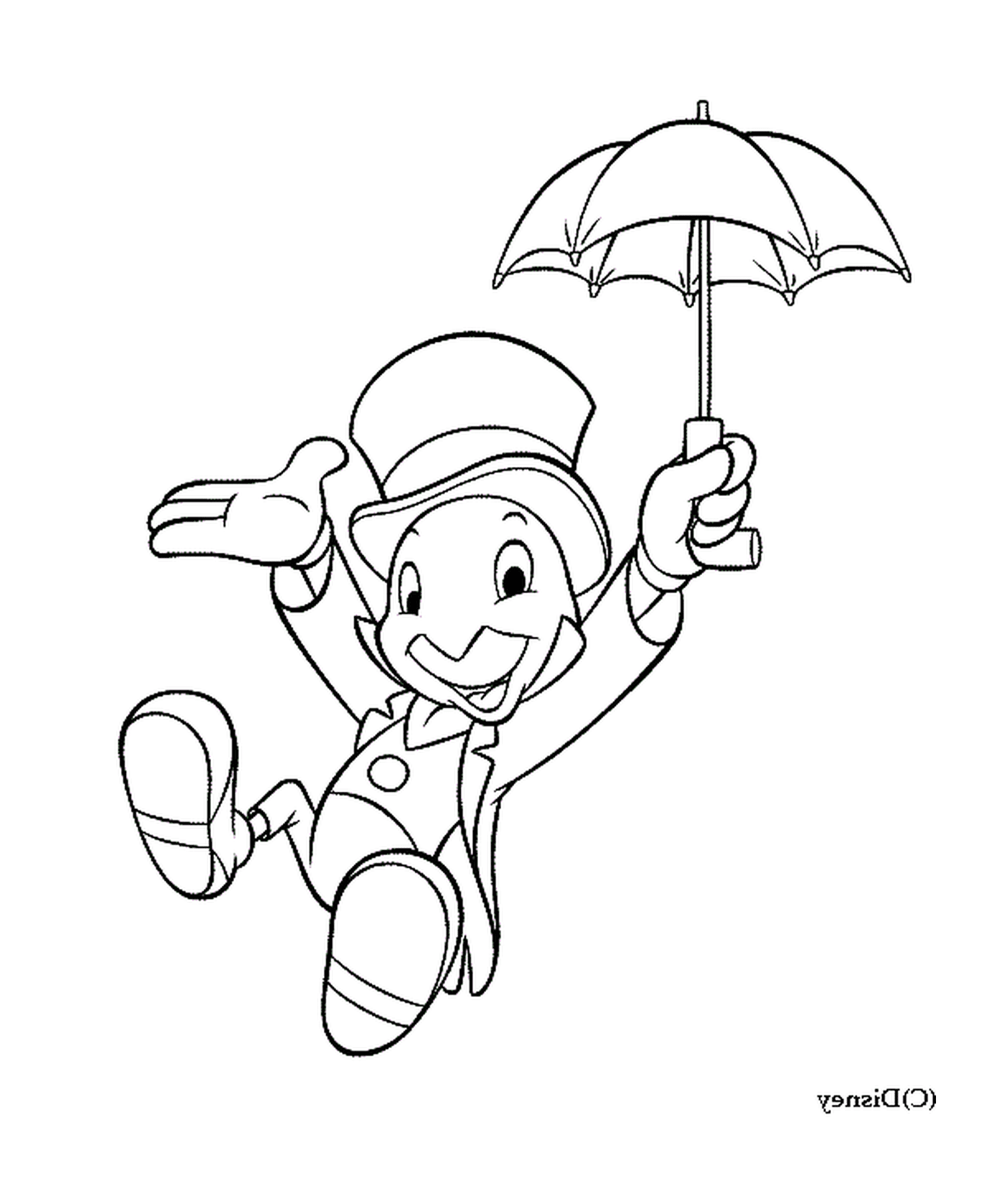 coloriage Jiminy Cricket avec son parapluie