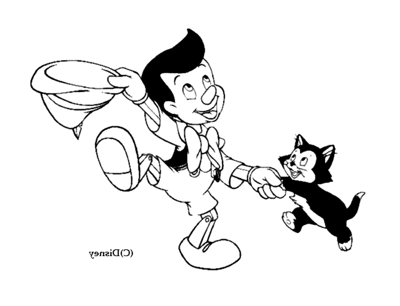 coloriage Pinocchio s amuse avec le chat