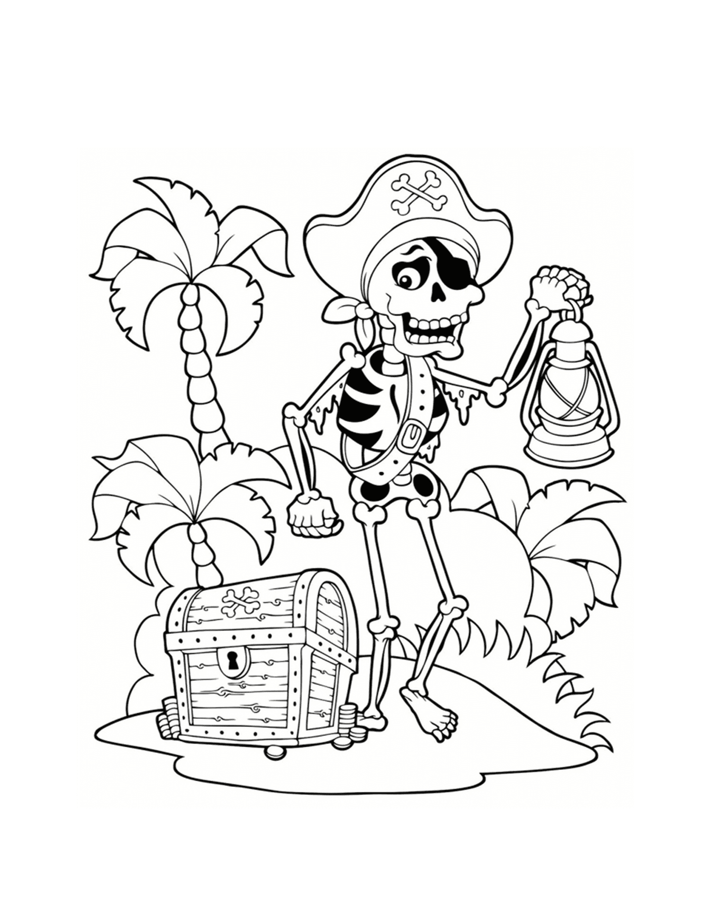 dessin pirate squelette ile tresor palmier