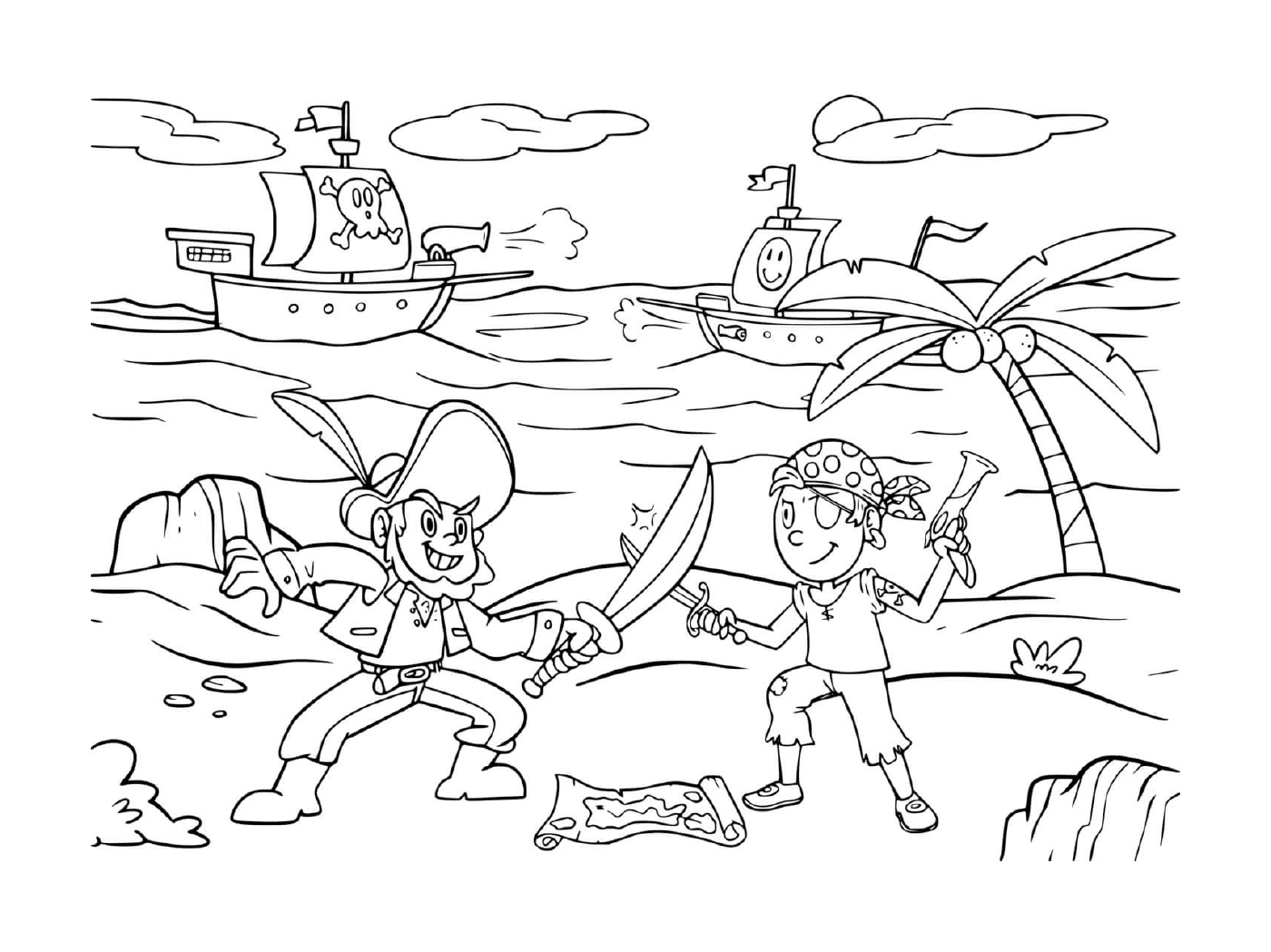 coloriage bataille entre pirates sur une ile