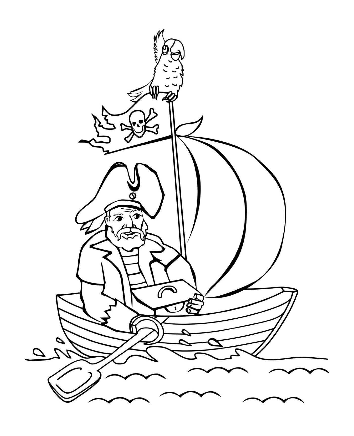 un pirate seul sur son petit bateau et son tresor