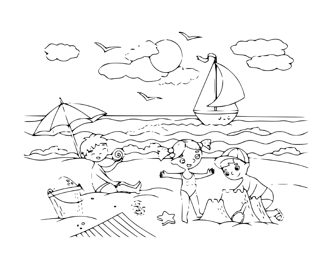 coloriage enfants sur une plage en bord de mer