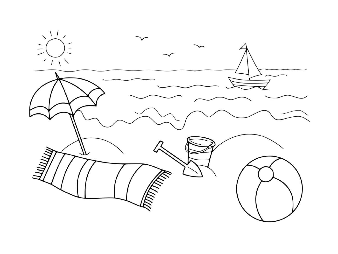coloriage la mer sous un soleil chaud et bateau