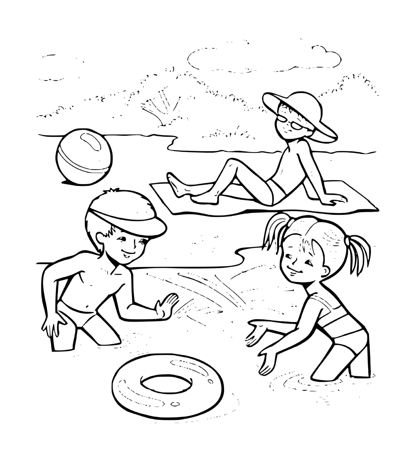 coloriage enfants jouent a la plage