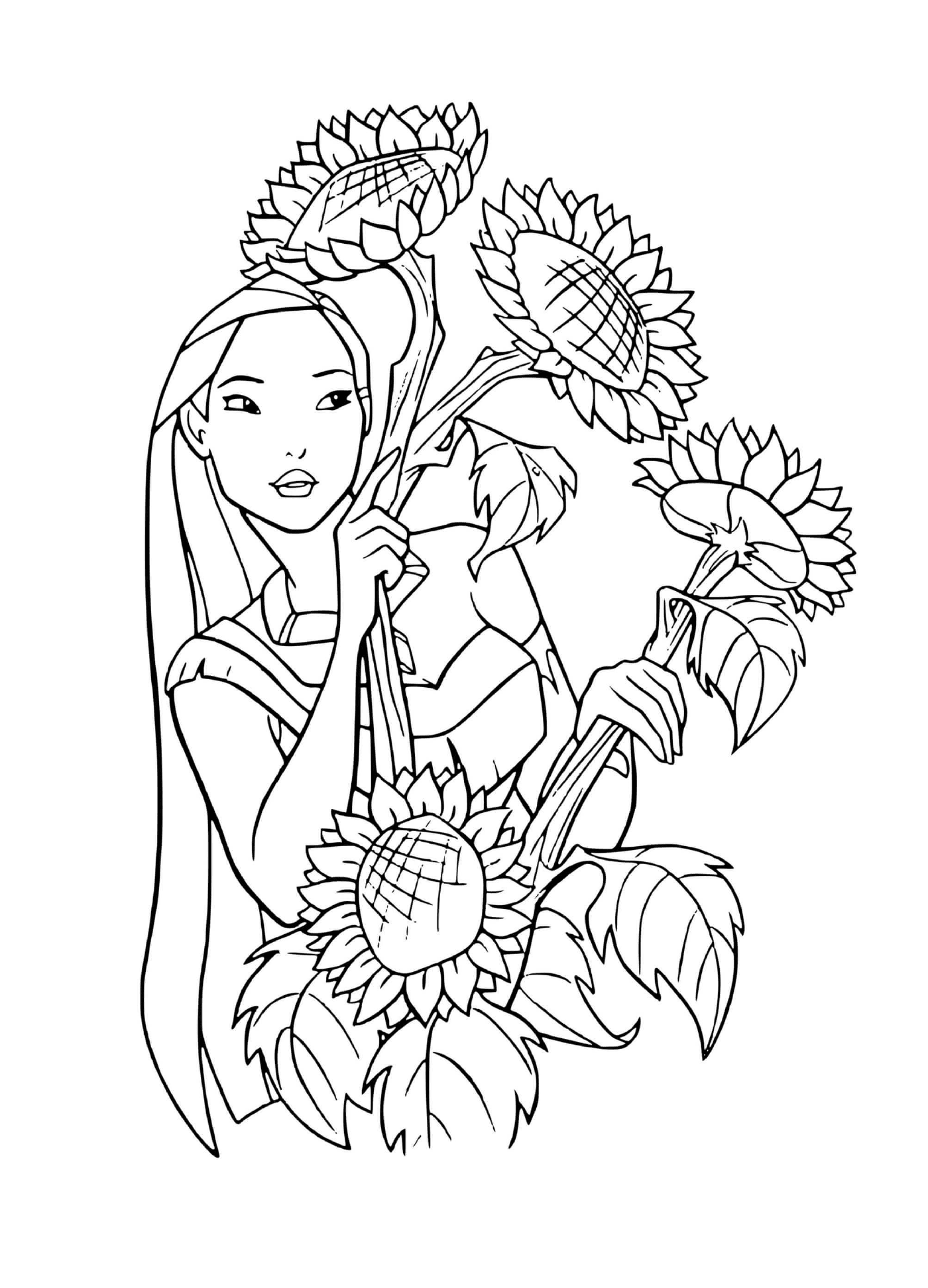 coloriage Pocahontas adire les fleurs