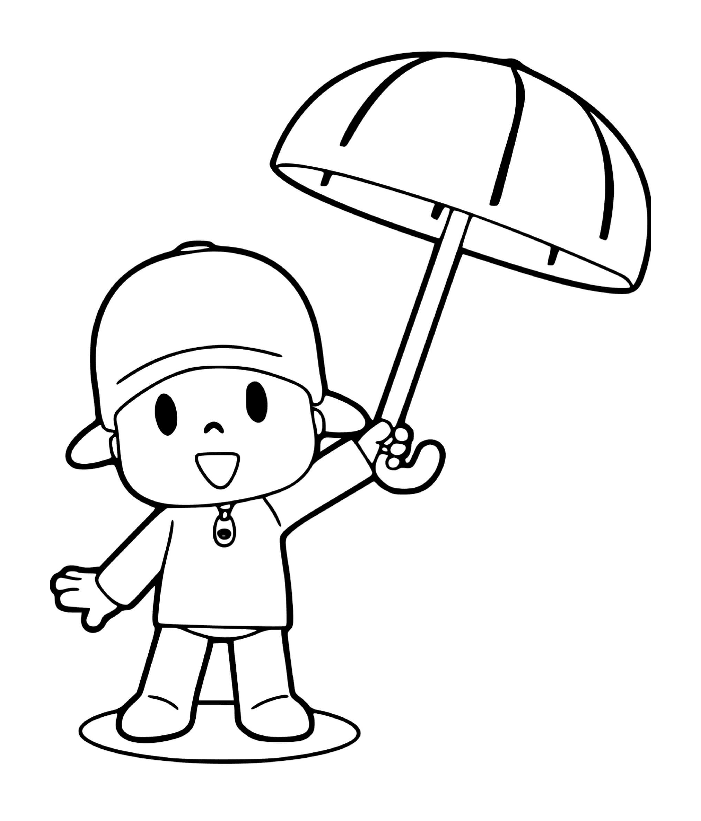 coloriage pocoyo se protege de la pluie avec un parapluie