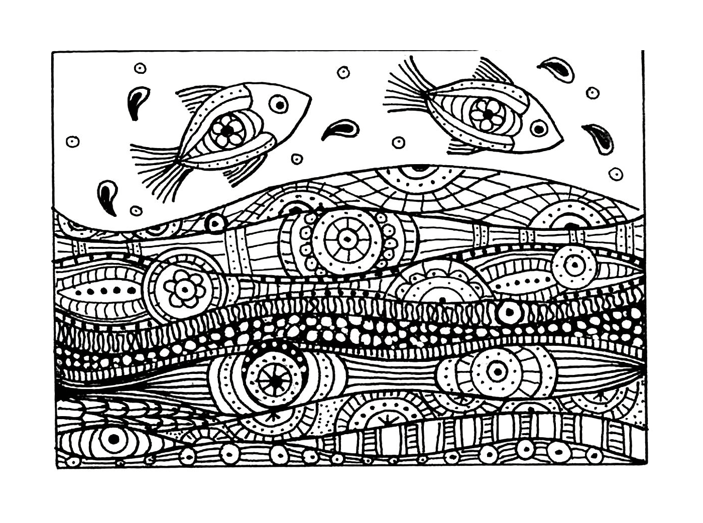 coloriage adulte deux poissons vagues motifs