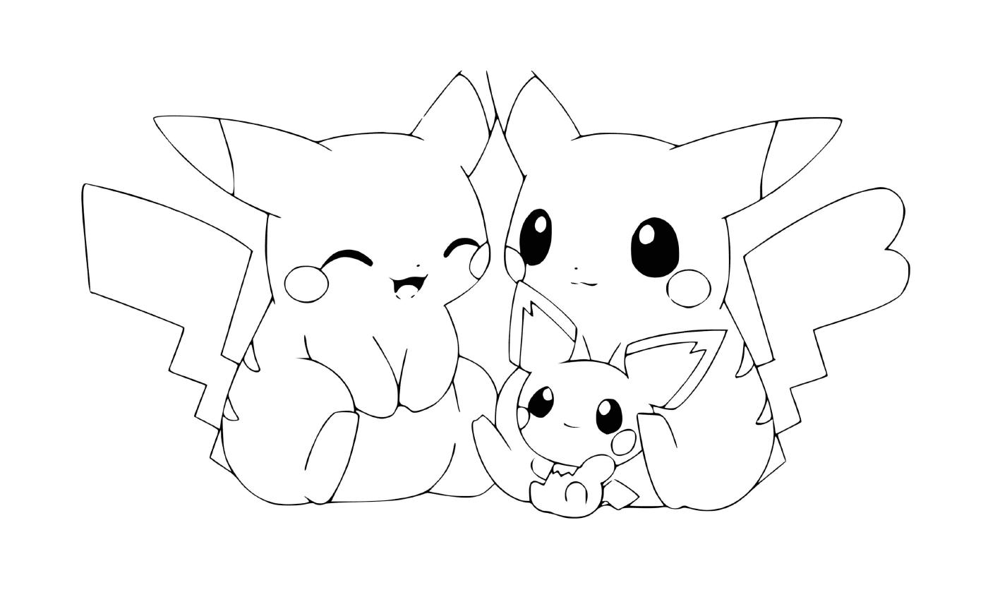coloriage adorable famille de pikachu