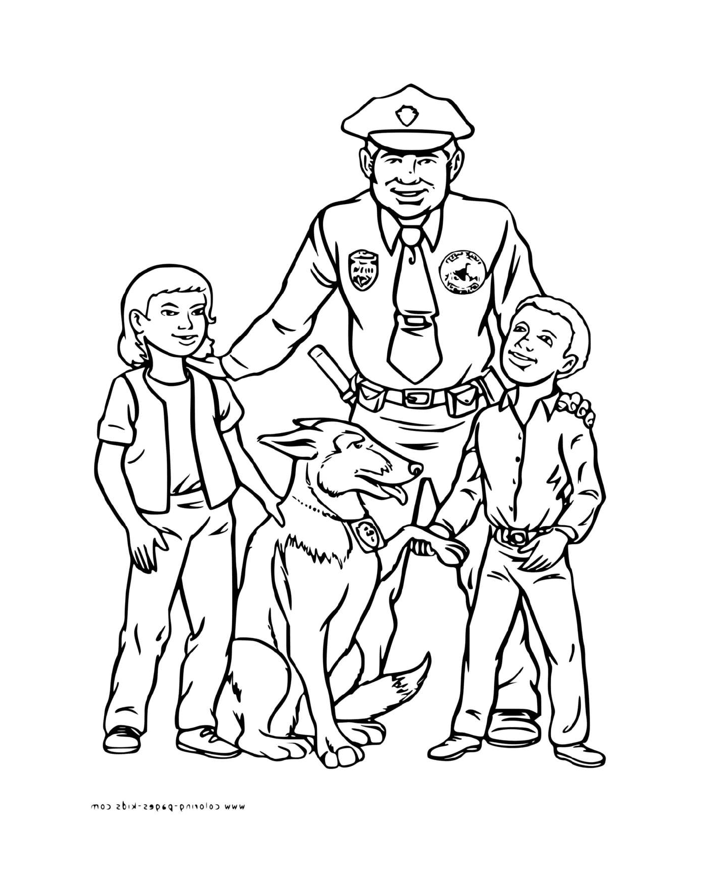 coloriage chien policier et officier avec deux enfants