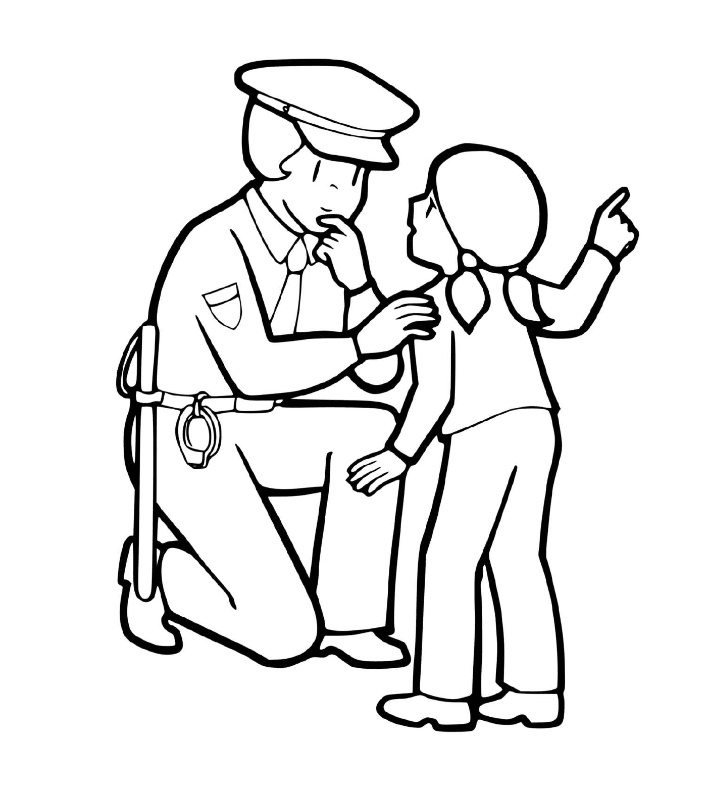 coloriage un petite fille parle avec une agente de police
