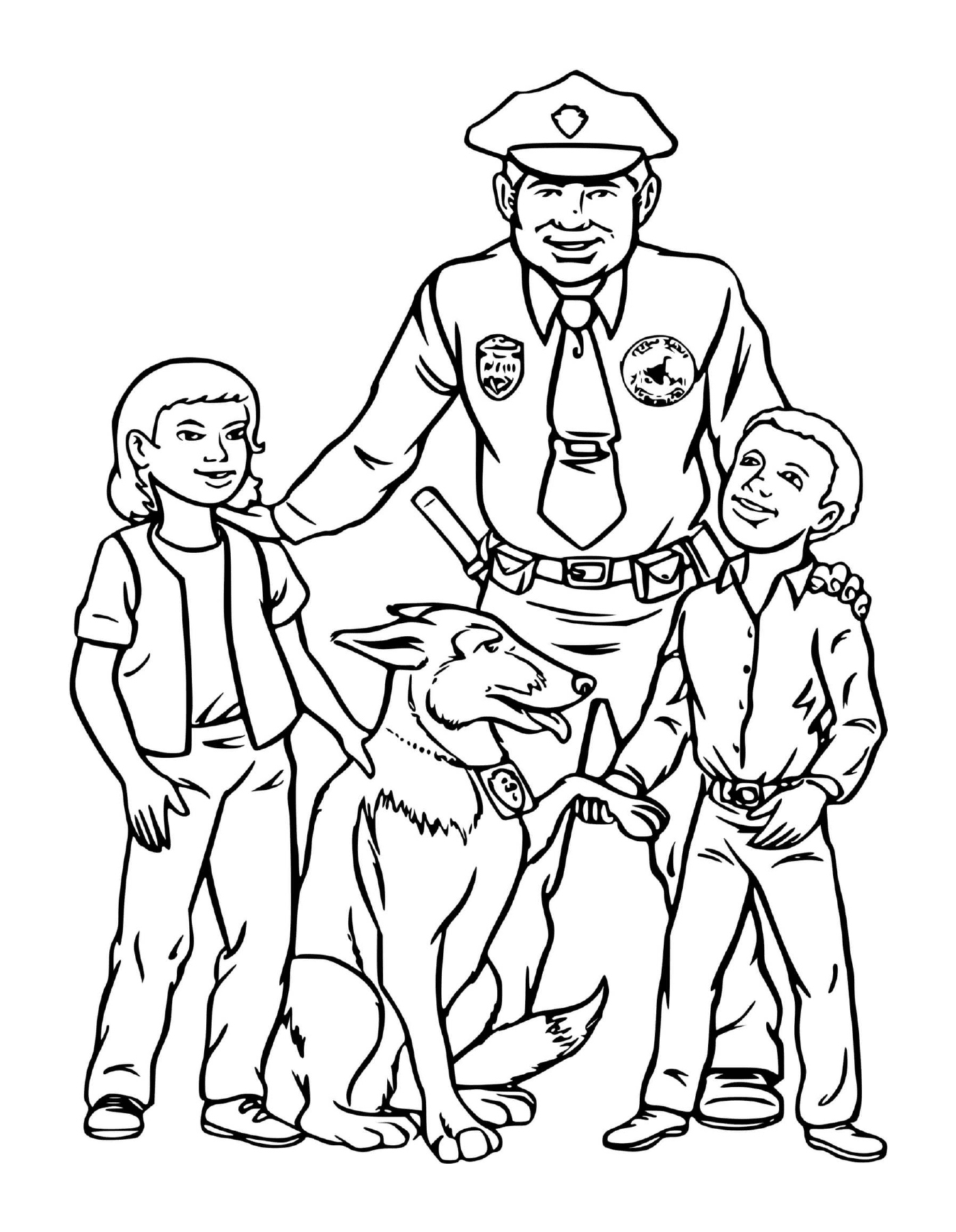 coloriage chien policier et officier avec deux enfants 1