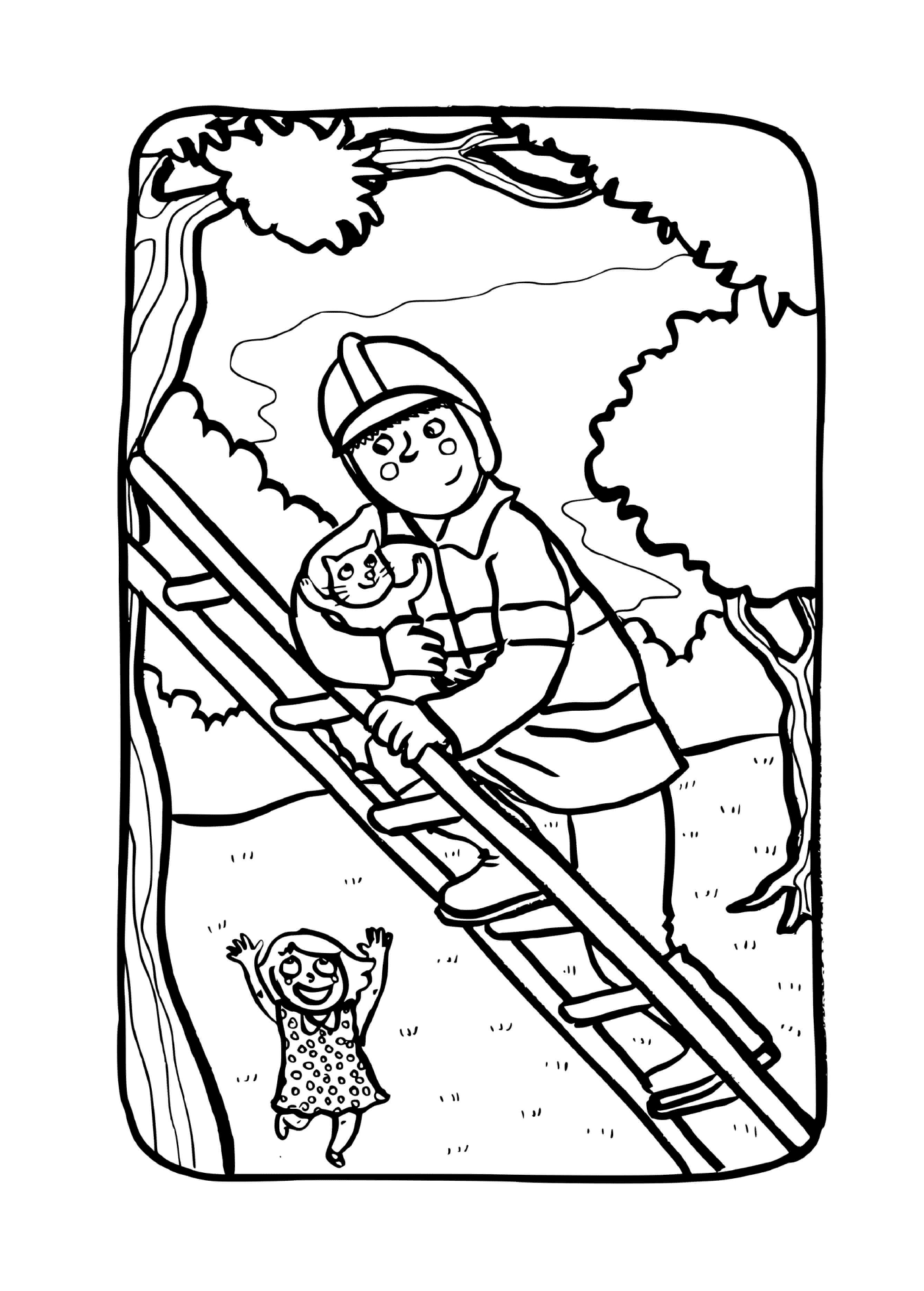 coloriage pompier qui sauve un chat sur un arbre