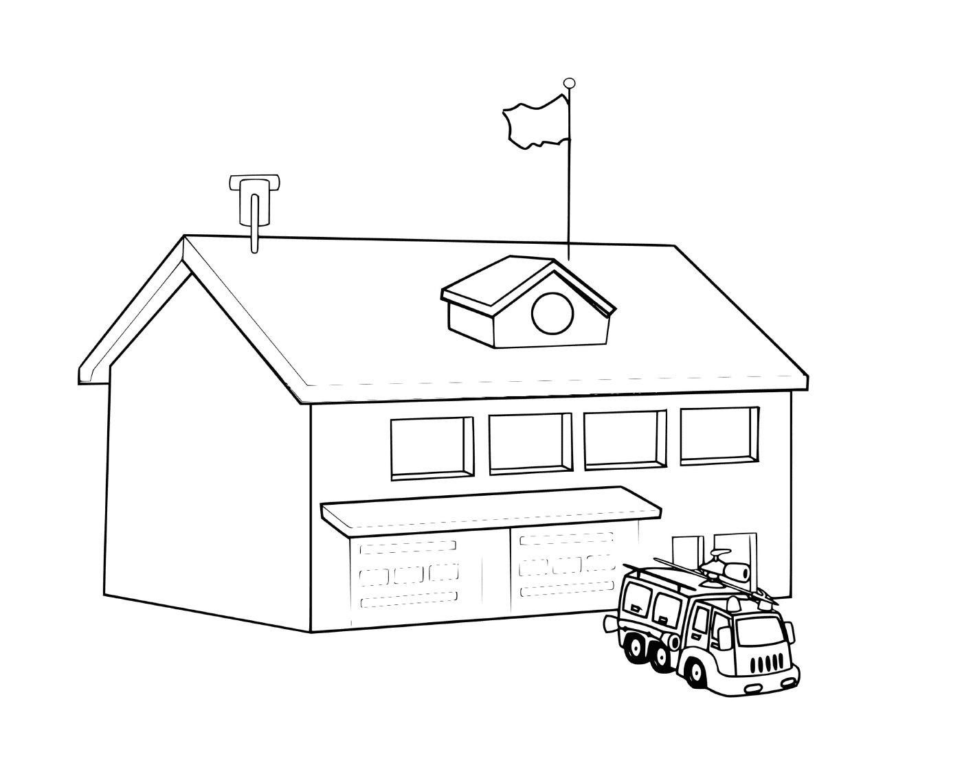 coloriage caserne de pompier avec drapeau et camion pret pour eteindre les feux