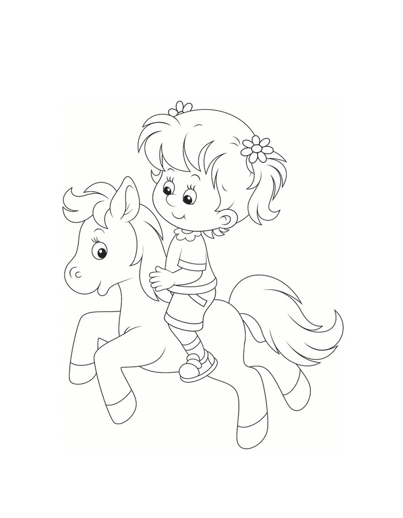 coloriage fillette sur un poney