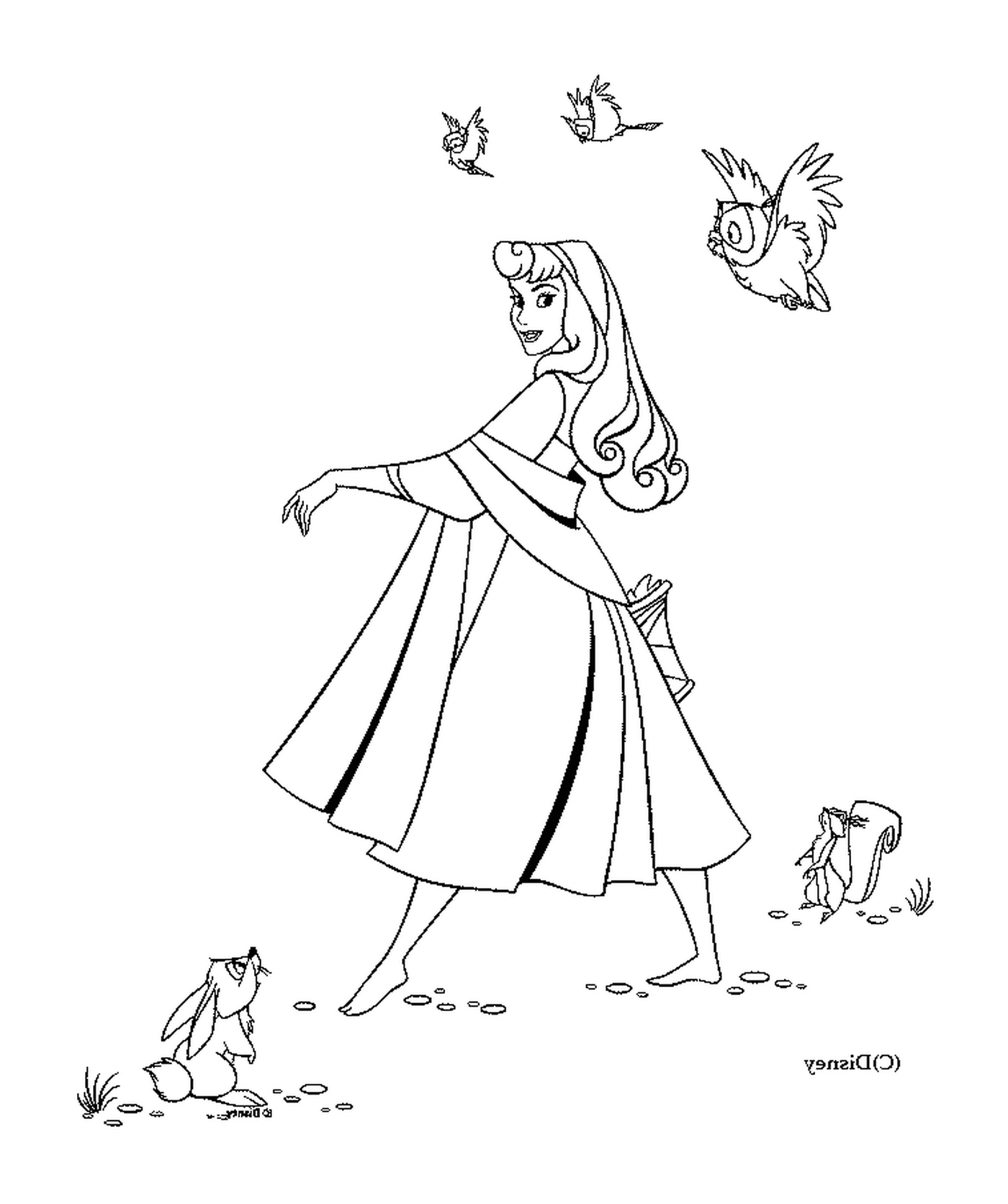 coloriage La princesse avec des oiseaux un lapin et un ecureuil