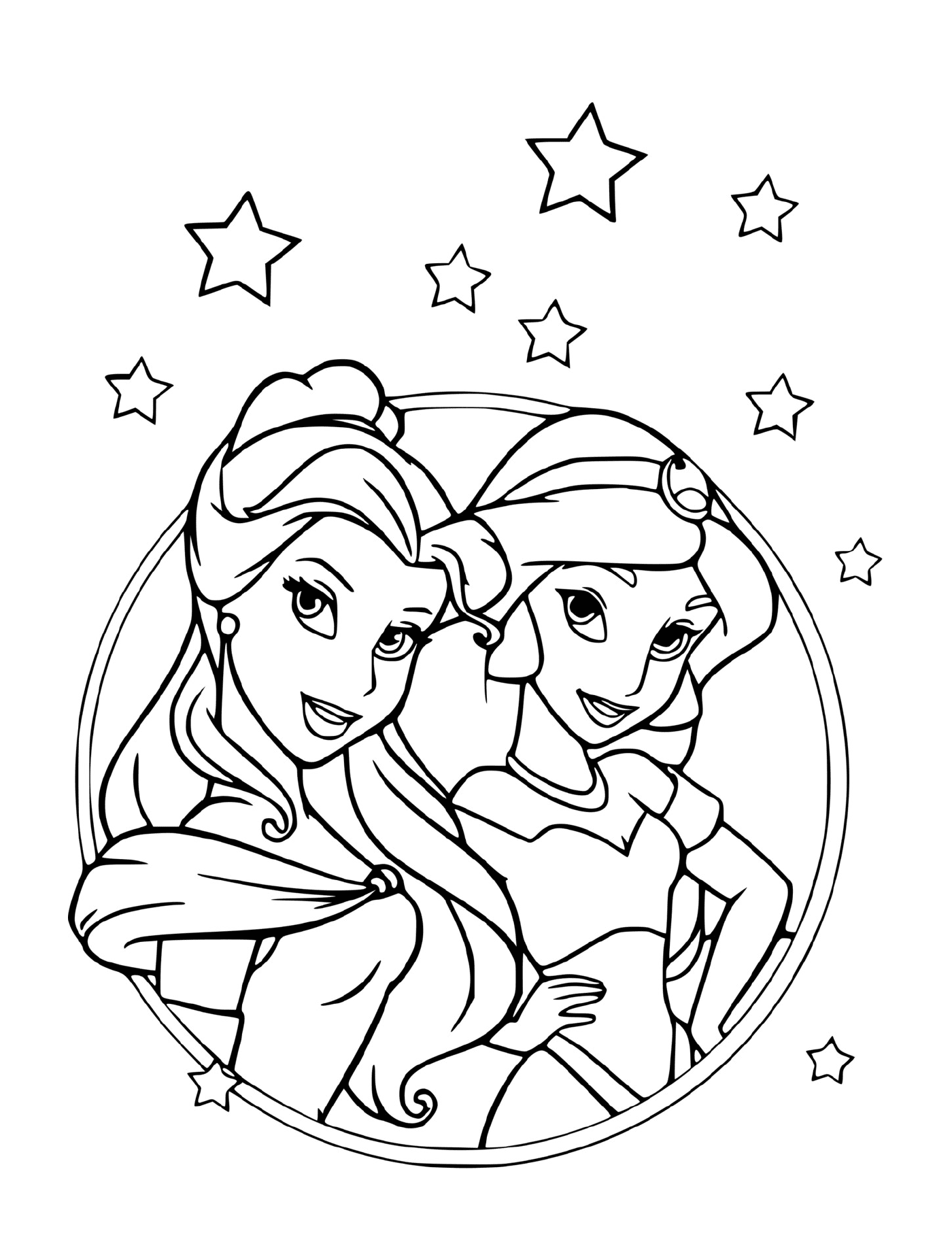 coloriage les princesses Jasmine dans Aladdin et Belle et la bete