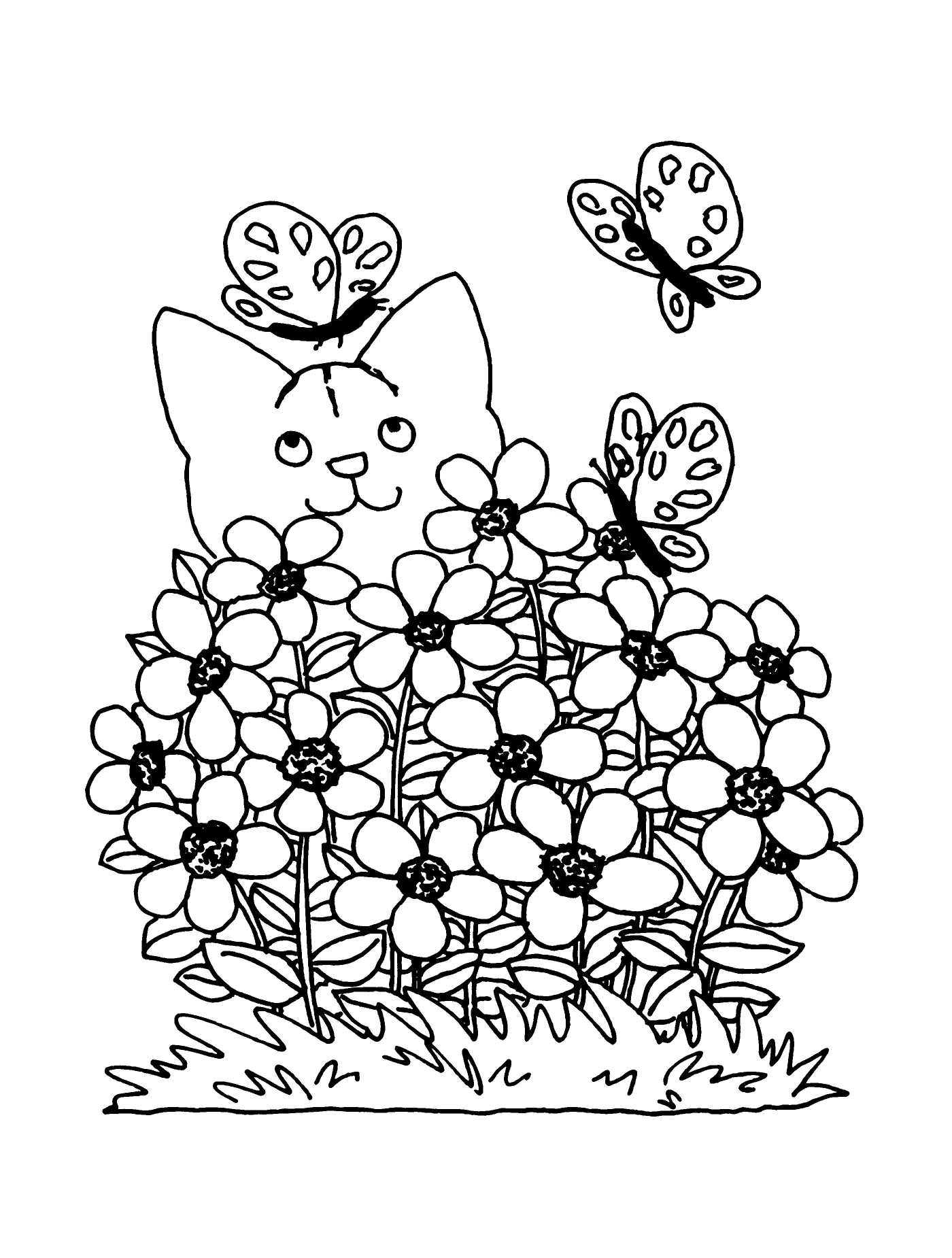 coloriage printemps chat fleurs