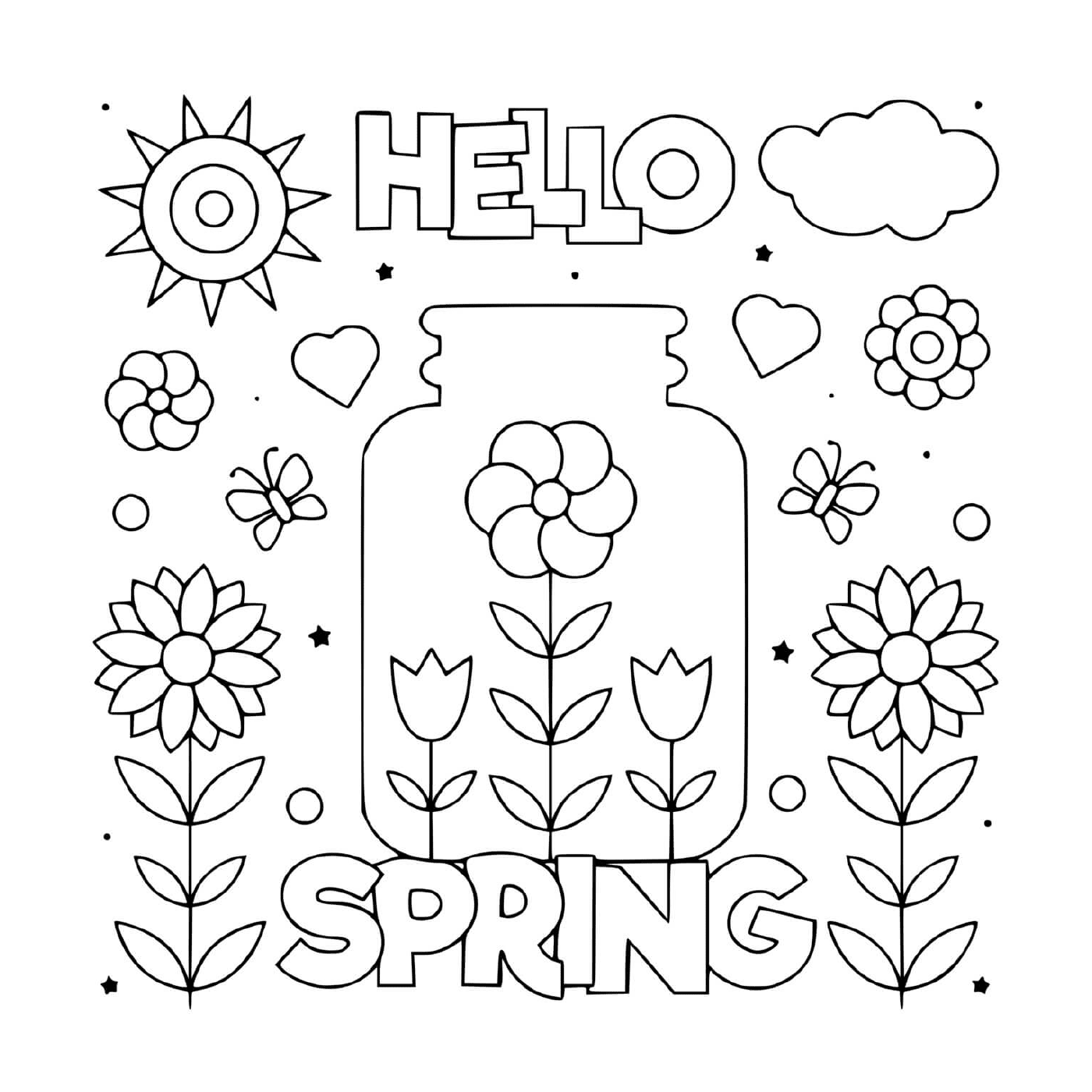 coloriage hello spring fleurs et soleil
