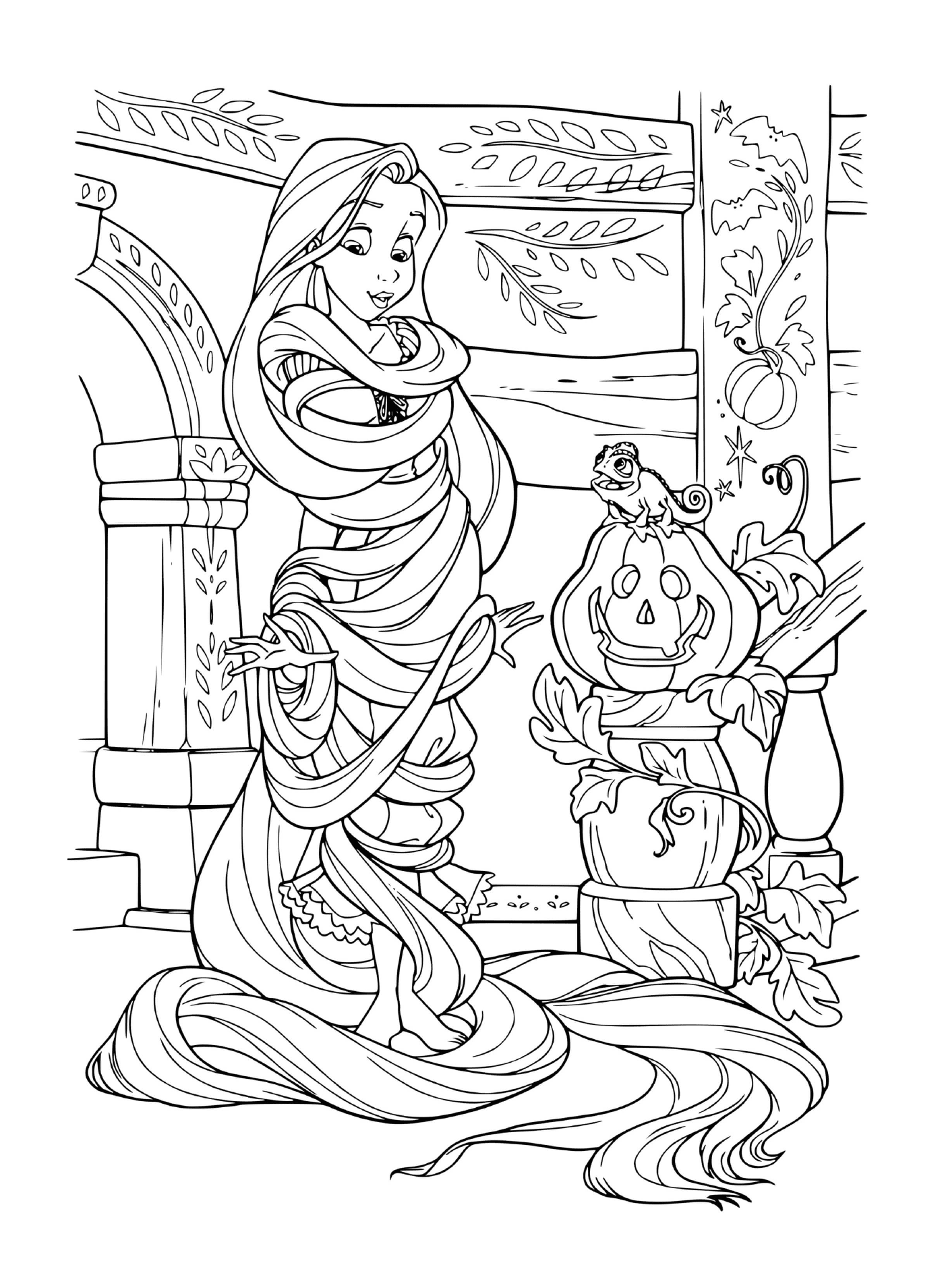 raiponce se prepare pour halloween citrouille et momie avec ses cheveux