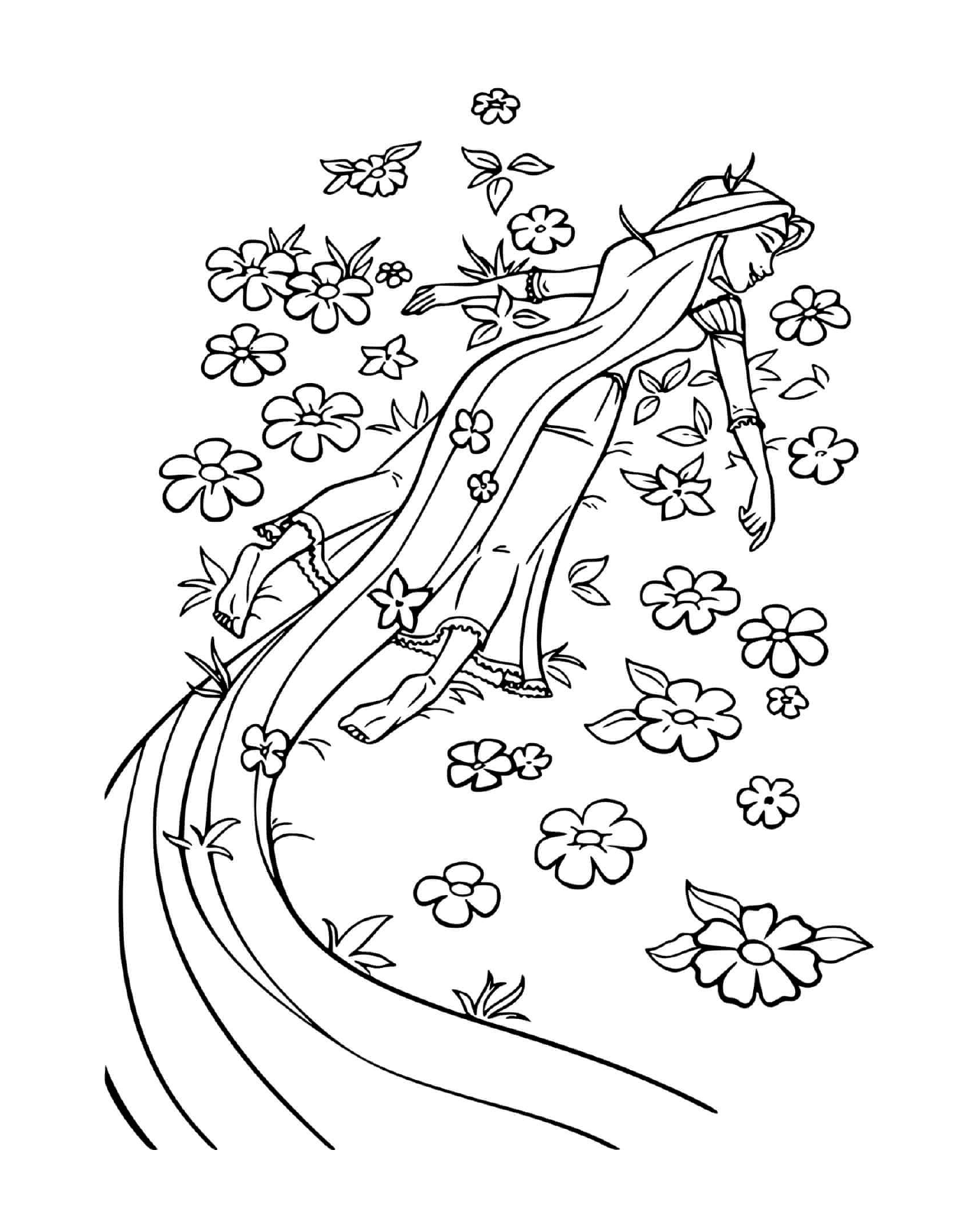 coloriage princesse se couche sur un champ de fleurs pour respirer la nature
