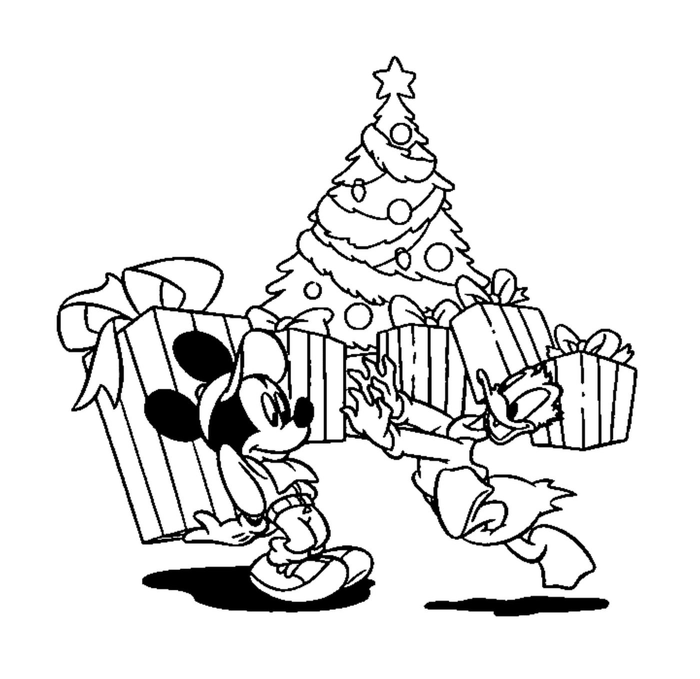 coloriage Donald et Mickey avec cadeaux deavnt le sapin de noel