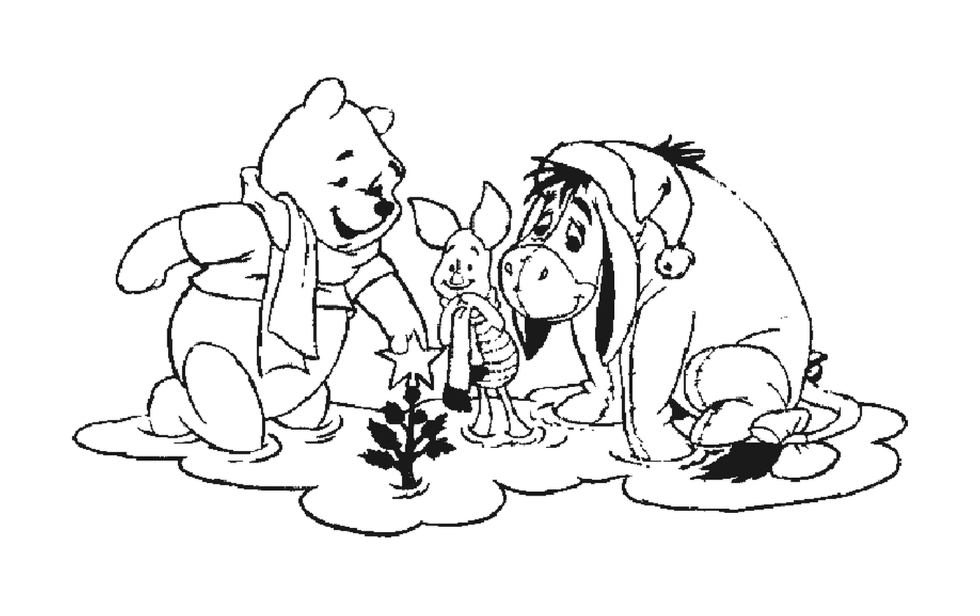 coloriage Bouriquet,Porcinet et Winnie devant un tout petit sapin