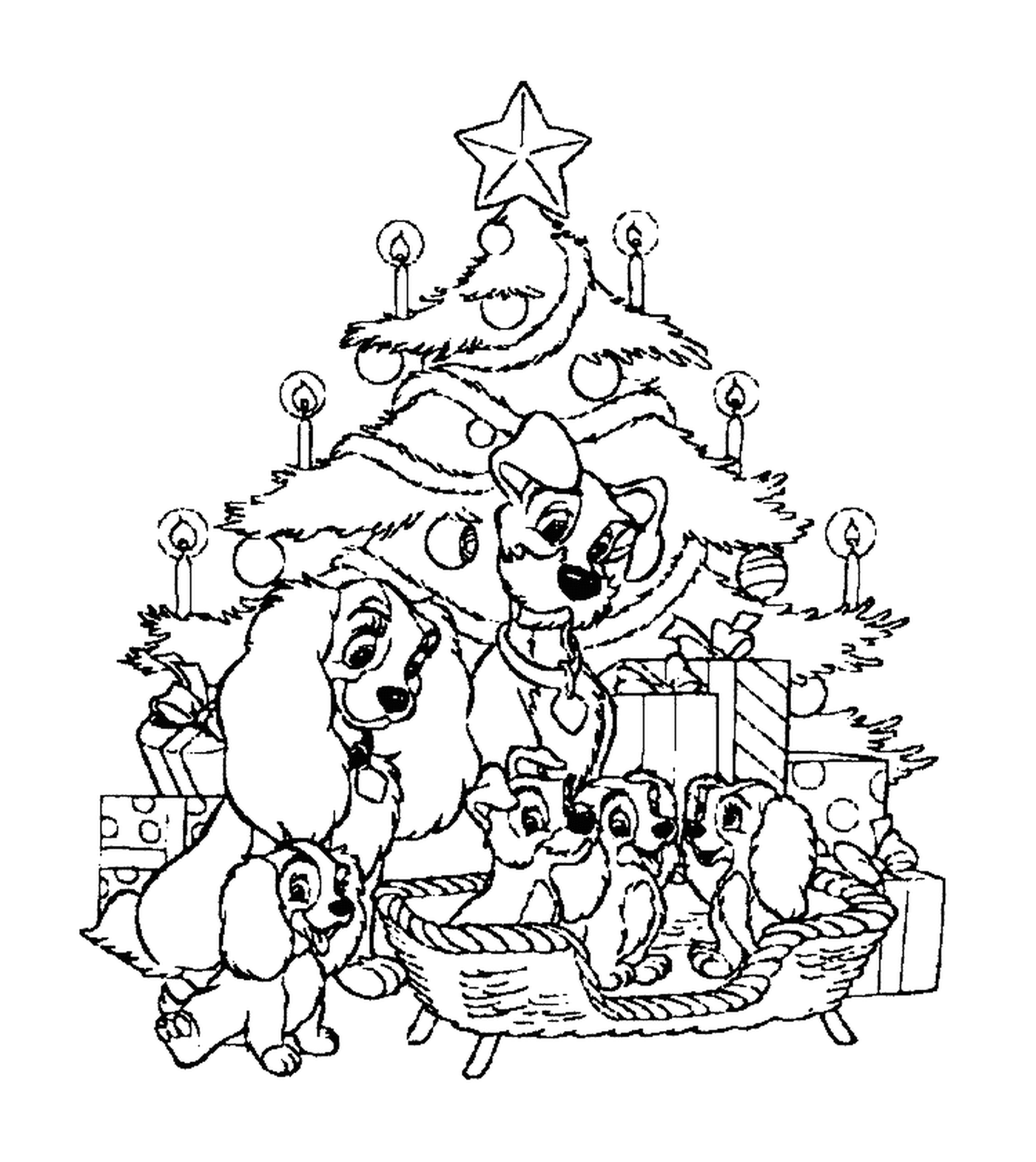coloriage La Belle et le Clochard et leurs petits chiots devant le sapin de Noel