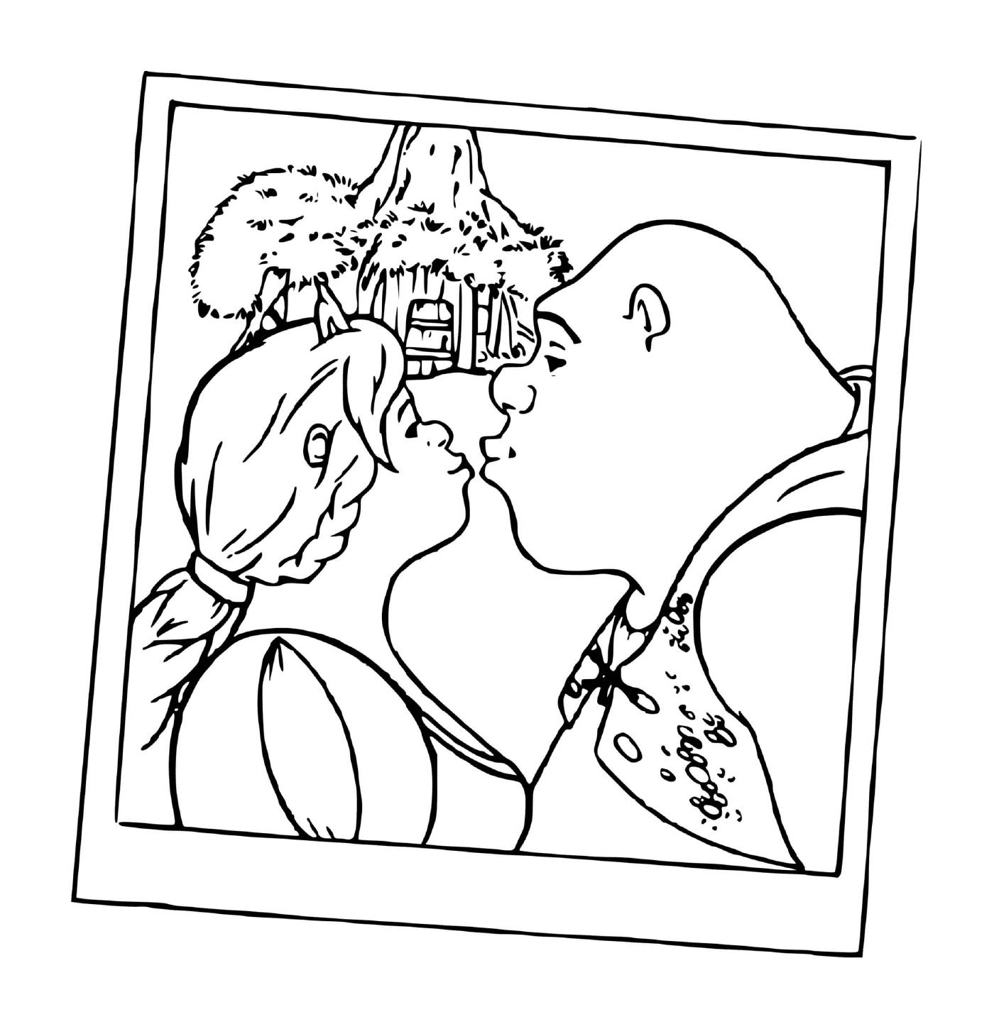 coloriage Shrek et Fiona s embrassent