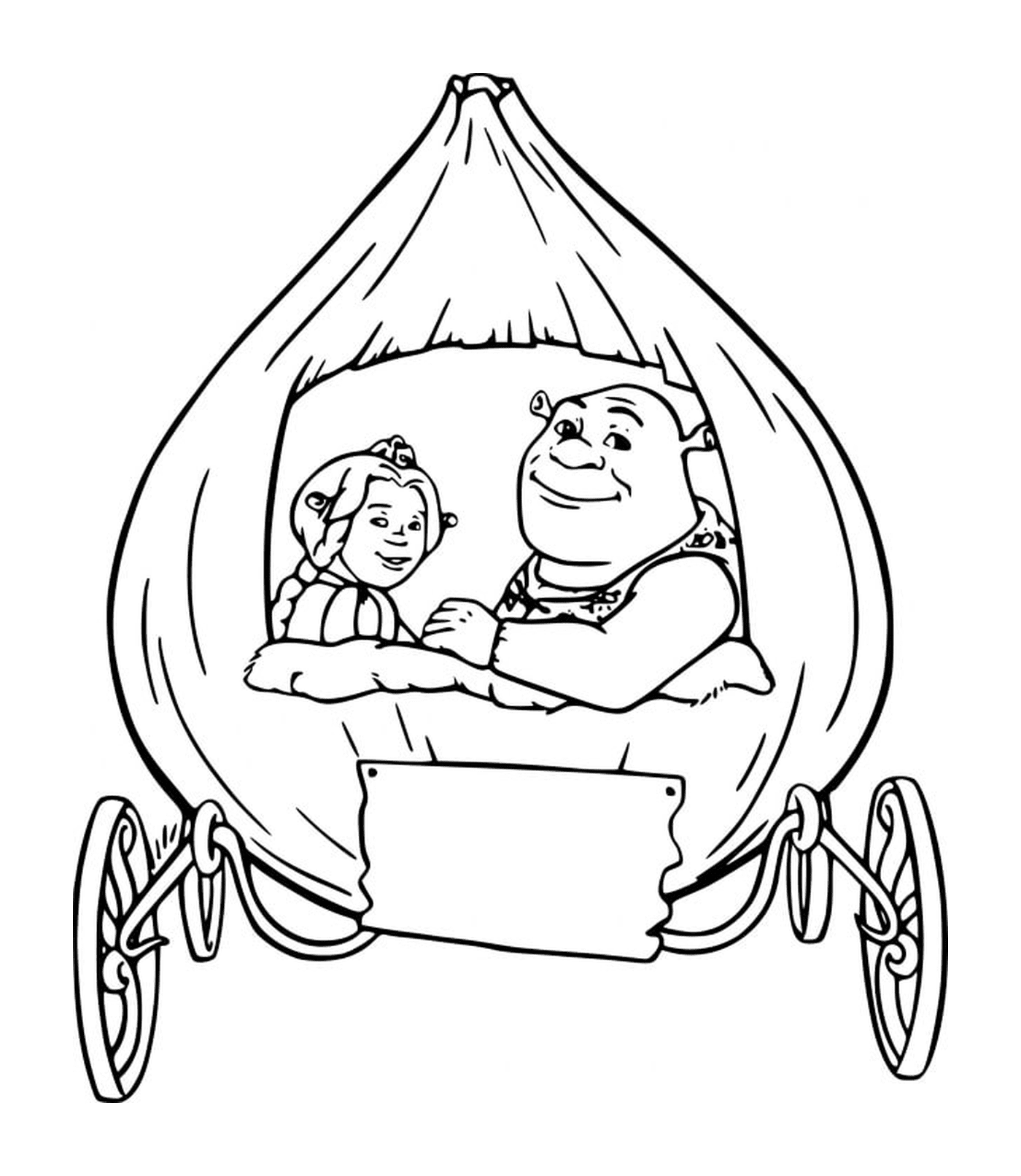 coloriage Shrek et Fiona dans leur carosse