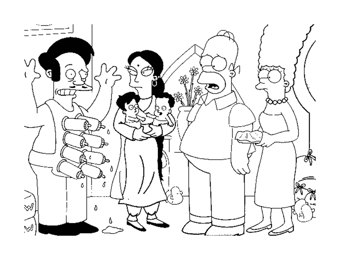 coloriage dessin simpson Apu avec sa femme et ses enfants