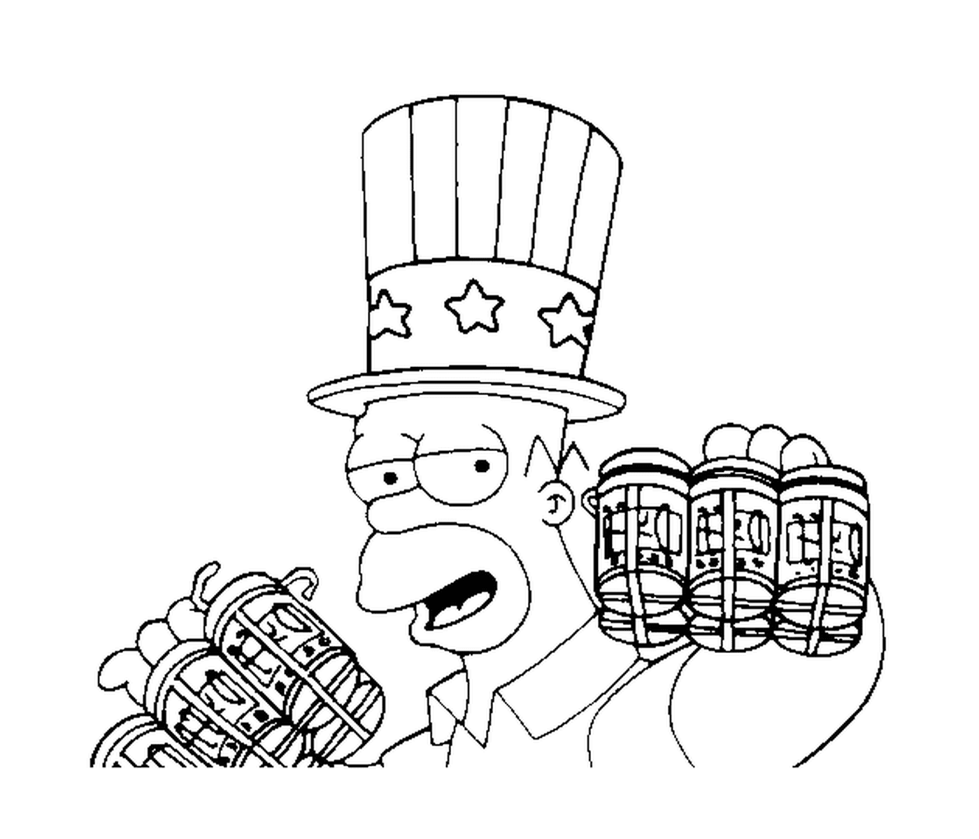 coloriage Homer avec de la biere et un chapeau americain
