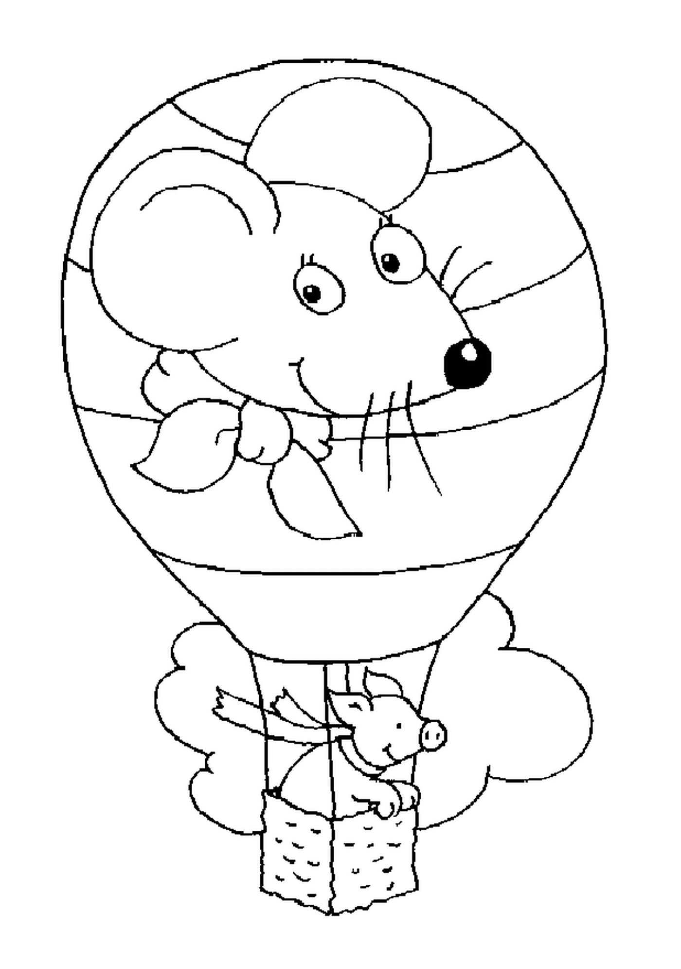 coloriage un cochon dans une montgolfiere avec une tete de souris